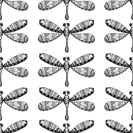 Hand drawn dragonfly ink doodle seamless pattern. Sketched insects on white background. Black and white monochrome fly flora print.のイラスト素材