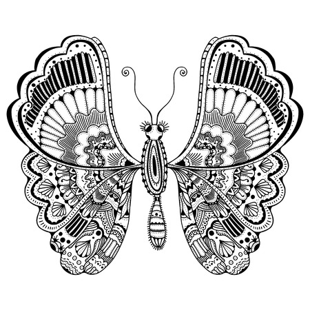 stylized butterfly. Black white hand drawn doodle animal. Ethnic patterned vector illustration. African, indian, totem tribal design. Sketch for coloring pageのイラスト素材