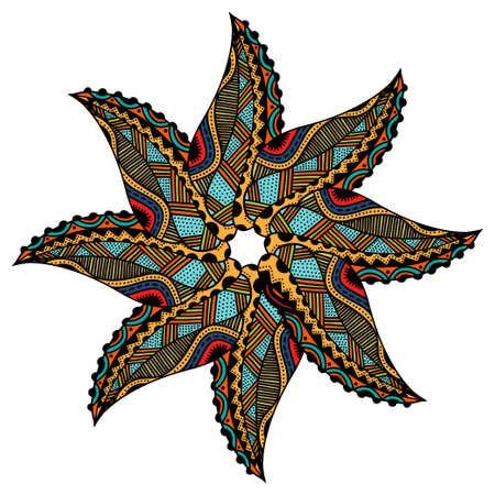 Mandala round ornament, tribal ethnic arabic Indian motif, eight pointed circular abstract floral geometric pattern. Hand drawn decorative element, isolated on white background. Vector illustrationのイラスト素材