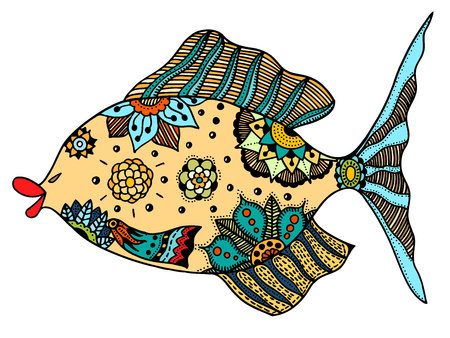 Zentangle stylized Fish. Hand Drawn doodle vector illustration isolated on white background. Sketch for tattoo or makhenda. Sea food collection.のイラスト素材