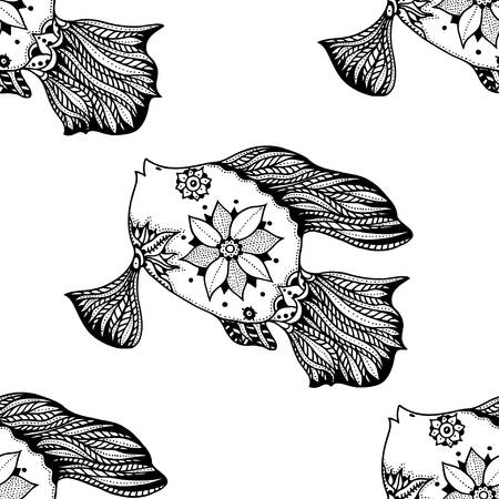Seamless background of abstract fish: pipe fish and small fish, plants, hand drawn style. Black and white illustration.のイラスト素材