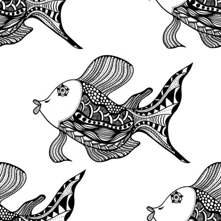 monochrome seamless pattern with decorative hand drawn fish illustrationsのイラスト素材