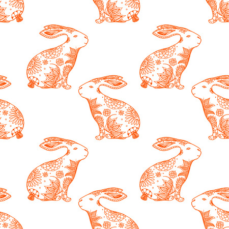 stylized animal  seamless pattern background with rabbits. Doodle elements might be used as decorative fabric or case printのイラスト素材