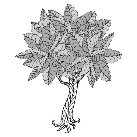 Tree with leaves. Vector. Coloring book page for adults. Hand drawn. Bohemia concept for wedding invitation, card, ticket, branding, logo, label. Black and whiteのイラスト素材