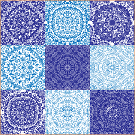 Indigo Blue Tiles Floor Ornament Collection. Gorgeous Seamless Patchwork Pattern from Colorful Traditional Painted Tin Glazed Ceramic Tilework Vintage Illustration Vector template background jpg epsのイラスト素材