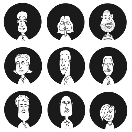 Sketch people icons. Men hand-drawn round avatars isolatedのイラスト素材