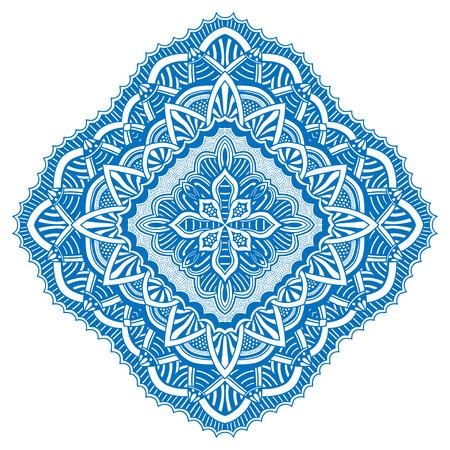 Vector illustration of big blue detailed mandala. Floral tropical abstract background with psychedelic motifs. Concept round ornament for yoga studio, meditation, tattoo salon, spiritual workshopのイラスト素材