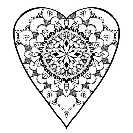 heart shaped pattern for adult and older children coloring book, black and white zentangle background for valentines day greeting card paisley hand made print, vector illustrationのイラスト素材
