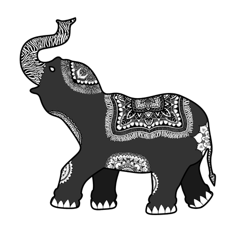 Indian elephant. Hand drawn doodle indian elephant with tribal ornament. Vector ethnic elephant.のイラスト素材
