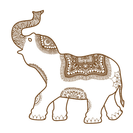 vector hand-drawn Henna mehndi tattoo doodle with  decorated Indian Elephantのイラスト素材