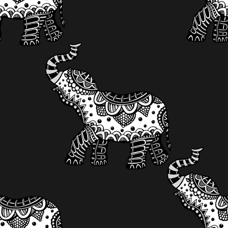 Seamless Pattern with Hand Drawn Ethnic Elephant. Zenart Stylizedのイラスト素材