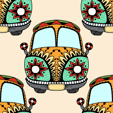 Seamless Pattern of Vintage car a mini van in zentangle style. Hand drawn image. The popular bus model in the environment of the followers of the hippie movement. Vector illustration.のイラスト素材