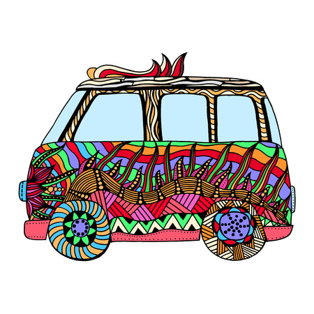 Hippie vintage car a mini van for adult anti stress. Coloring page with high details. Made by trace from sketch. Hippy color vector illustration.のイラスト素材