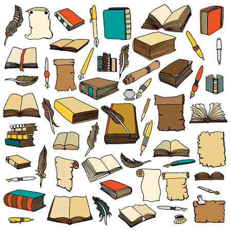 Hand Drawn Illustrations of Big Set Books and pen. Doodle vector illustration isolated on light Colored background.のイラスト素材