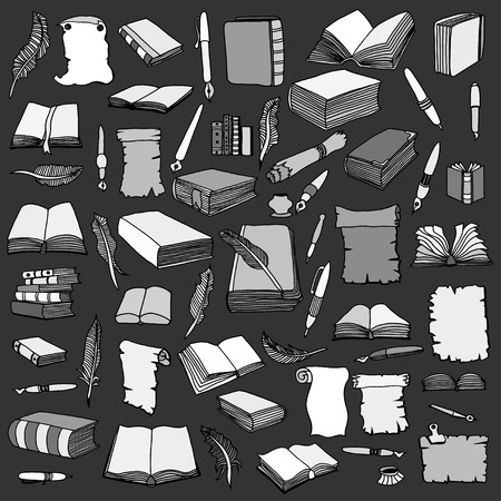 Monochrome Hand Drawn Illustrations of Big Set Books and pen. Doodle vector illustration isolated on white background.のイラスト素材