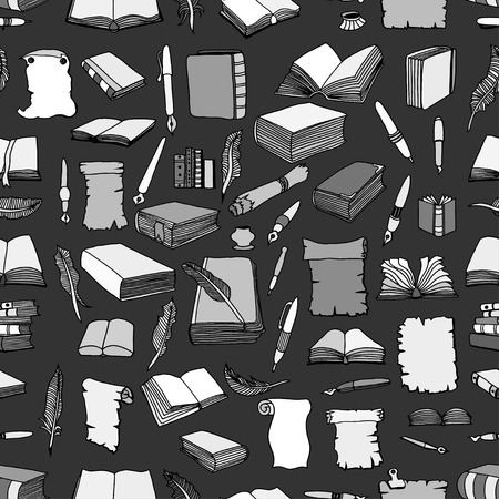 Seamless Hand Drawn Illustrations Pattern of Big Set Books and pen. Doodle vector illustration isolated on black background.のイラスト素材