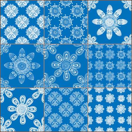 Creative set of classical blue ceramic tiles. Doodles mosaic with hand drawn floral and geometrical patterns. Lines, flowers, sun, stars, mandalas, waves.のイラスト素材