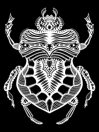 Black and white hand drawn zentangle stylized beetle. Doodle ethnic patterned vector bug. African, egyptian totem. Sketch for tattoo, poster, print or t-shirtのイラスト素材