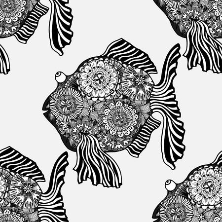 Seamless background of abstract fish with flowers. Black and white vector illustration.のイラスト素材