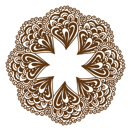 Circular floral ornament Mehndi Henna Tattoo Mandala, Yantra brown. Vintage vector banner frame card for text, invitations for wedding, birthday celebration, white background, in indian style, ethnicのイラスト素材