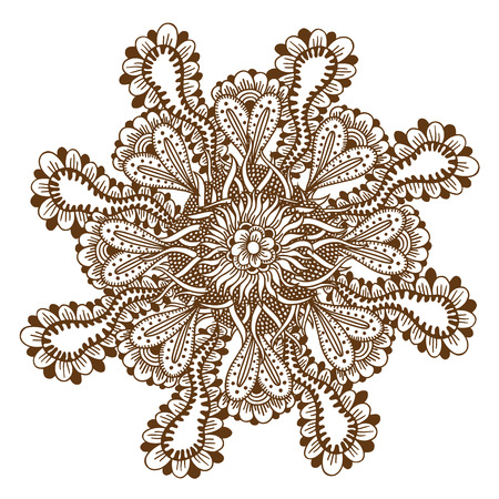 Circular floral ornament Mehndi Henna Tattoo Mandala, Yantra brown. Vintage vector banner frame card for text, invitations for wedding, birthday celebration, white background, in indian style, ethnicのイラスト素材