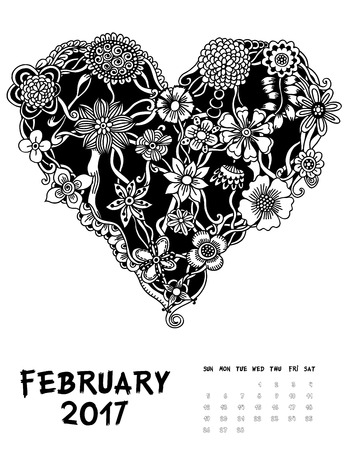 February 2017, Line Art calendar page of month. Hearts of flowers. Black and white illustration. Set #1のイラスト素材