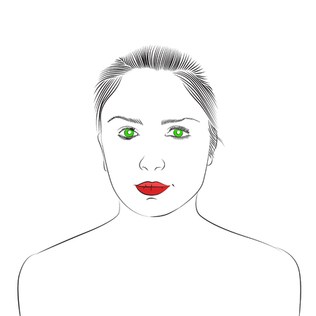 Face of beautiful young girl with green eyes and red lips. Vector sketch. Hand drawn illustration.のイラスト素材