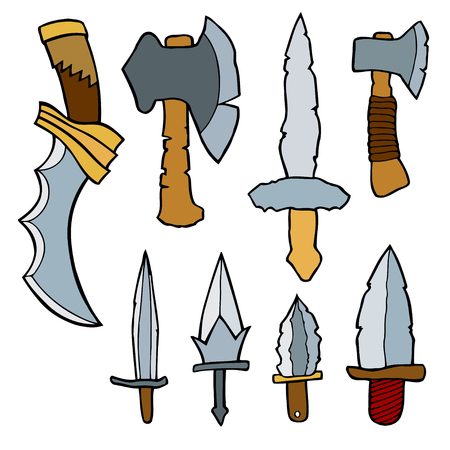 Vector set of weapons weapons. Colored Hand drawn illustration, isolated on whiteのイラスト素材