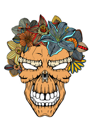 Human terrible skull and flowers. Vector illustration. Hand drawn imageのイラスト素材