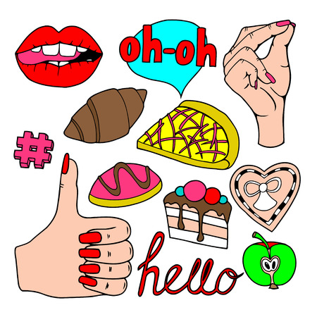 A set of quirky cartoon patch badges or fashion pin badgesのイラスト素材