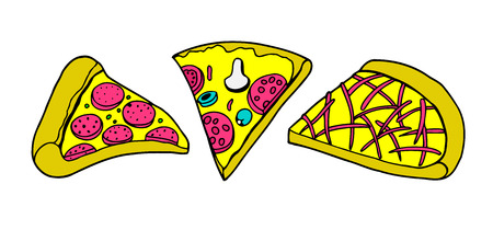 Set of various types of pizza and pizza ingredients, sketch style vector illustration isolated on white background. Basic ingredients and slices of freshly baked mozzarella mushroom vegetarianのイラスト素材