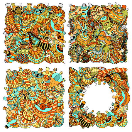 Set of Colored Christmas toys hand-drawn decorative elements in vector. Fancy Christmas trees, balls, stars. Pattern for coloring book. Sketch by trace. Zentangle.のイラスト素材