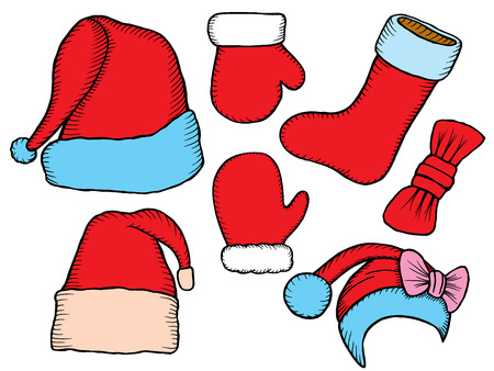 Set doodle Christmas hats boots, socks for your creativity. Vector illustrationのイラスト素材