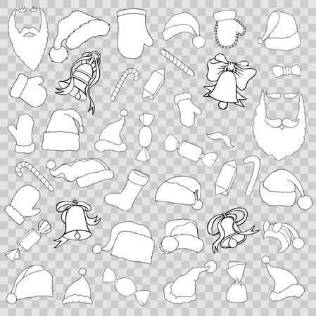 Monochrome patch badges of different Merry Christmas attributes. Set of Happy New Year stickers, pins, magnets in cartoon comic style. Santa Claus Mittens, candy cane, beard, cap and bellのイラスト素材