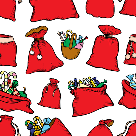 Seamless pattern Christmas decorations gifts bags with sweets. Print for the new year party. Vector Wallpaperのイラスト素材