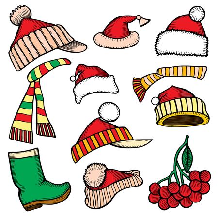 Set doodle Christmas hats scarf, branch berries for your creativity. Vector illustrationのイラスト素材