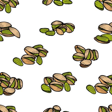 Pistachios pattern including seamless on white background. Hand drawn Pistachios vector. Pistachios seeds with clipping path.のイラスト素材