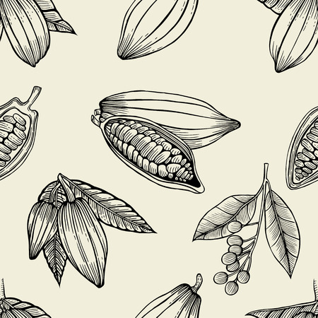 Vector seamless pattern of cocoa beans and leaves. Hand drawn engraved art. Healthy beauty hair nutrition. design your fashion care products, branding, identity, advertisement, promotion.のイラスト素材