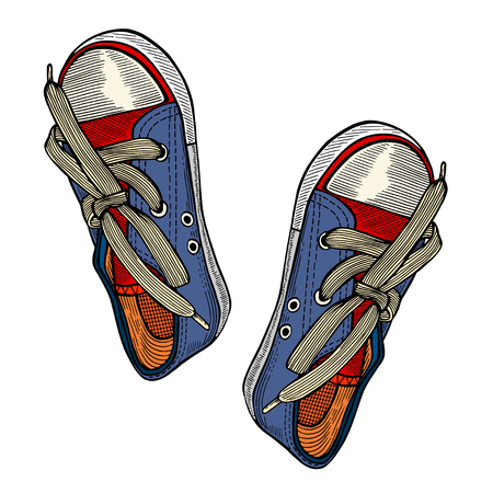 Vector illustration red and blue sports sneakers with white laces isolated on white background, hand drawn, top viewのイラスト素材