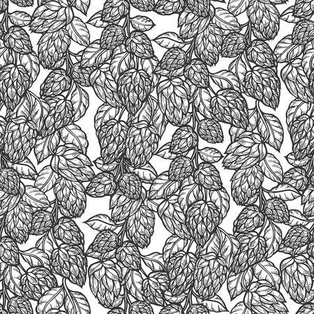 Hop vector seamless pattern.Black hand drawn artistic beer hop branch with leaves on white background. Engraved style vintage wallpaper. Great drawing decor for oktoberfest or packagingのイラスト素材