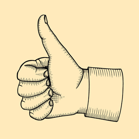 Hand showing symbol Like. Making thumb up gesture. Vector black vintage engraved illustration isolated on a beige background. Sign for web, poster, info graphicのイラスト素材