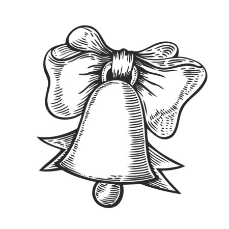 Hand drawn engraving bell with red bow. Christmas plant retro vintage style. Romantic Christmas illustration. Greeting card design. new year mistletoe. Winter template.のイラスト素材