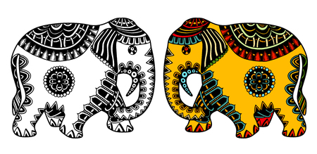 vector hand-drawn color tattoo doodle with decorated Indian Elephantのイラスト素材