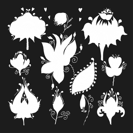 Vintage flower design elements. Black curly branches shapes isolated on black background. Vector illustration.のイラスト素材