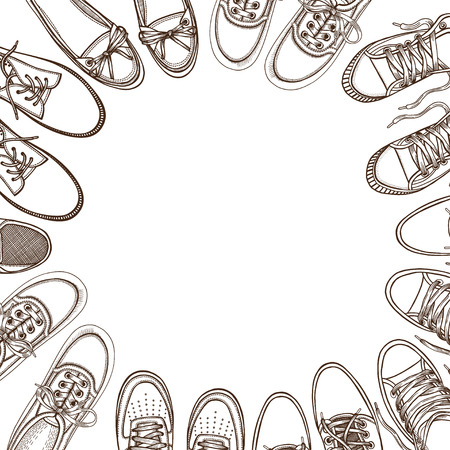 Background of many sports shoes lined up in a circle with free space for text, Hand-drawn vector illustration on a white background, in a sketch style. top viewのイラスト素材