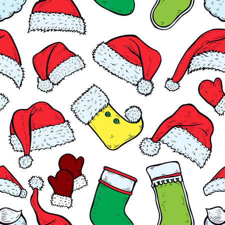 Christmas seamless texture with socks and red caps. Vector illustrationのイラスト素材