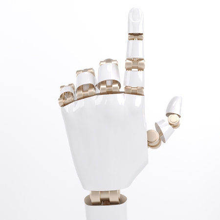 Futuristic design concept of a robotic mechanical arm. Template Isolated on white background. Cybernetic organism with Artificial Intelligence working with virtual world. Isolated on white backgroundの写真素材