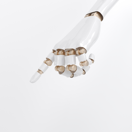 3D rendering concept of The robot's hand points downward with the index finger. Isolated on white...
