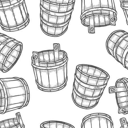 Graphic barrels of beer in the front and side views. Vintage vector seamless pattern drawn in engraving technique. Coloring book pageのイラスト素材
