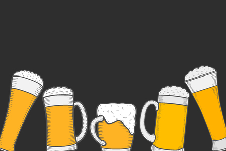 Monochrome beer menu design template. Engraved illustration with beer glasses. Brewery frame concept. Hand drawn vector illustration for beer restaurantのイラスト素材